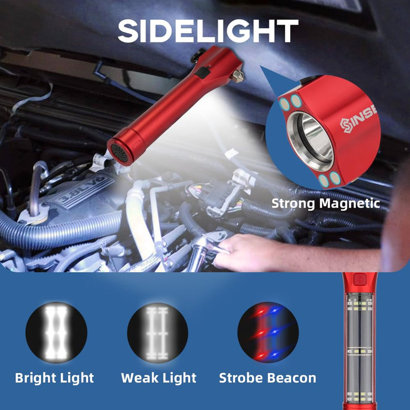 SINSEN Emergency Flashlight for Car, Seatbelt Cutter Window Breaker, 16-in-1 Multifunctional Safety Tool—Glass Hammer/Bright Solar Torch/Rechargeable/Rescue Alarm & Beacon/Repair Magnet Red 7.8in