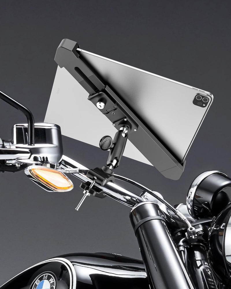 Anti-Theft Motorcycle Tablet Mount, Heavy Duty Bike Tablet Holder with Lock & Key, 360° Double Joints Adjustable Arm - Handlebar Clip for iPad Pro 11 Air Mini, Navigation, More 7-11" Devices