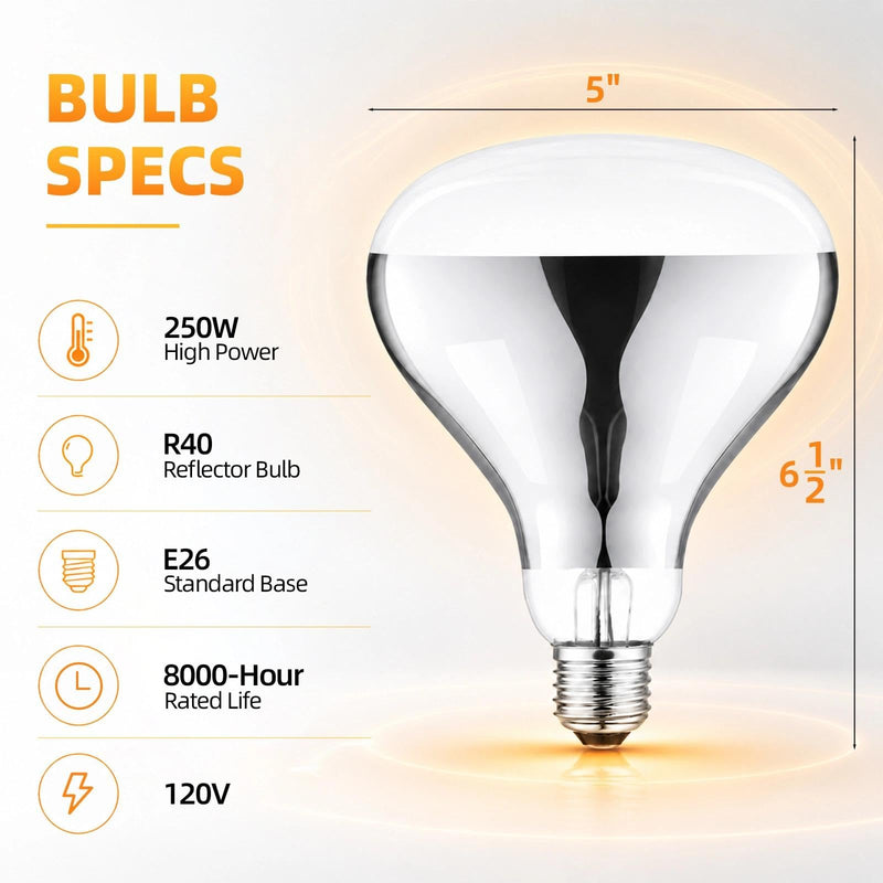 250W Clear Heat Lamp Bulbs, 8000 Hours Rated, R40 Bathroom Shower Incandescent Light Bulb, Infrared Heating for Chickens, Reptiles, Pets, Food, E26 Base, 4 Pack White