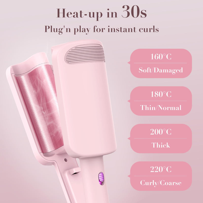 AISEELY 32MM Ceramic Curling Wand - 3 Barrel Beach Wave Hair Curler with Adjustable Temp (160°C-220°C), Anti-Scald Design & Travel Lock | Frizz-Free Waves for All Hair Types | Pink
