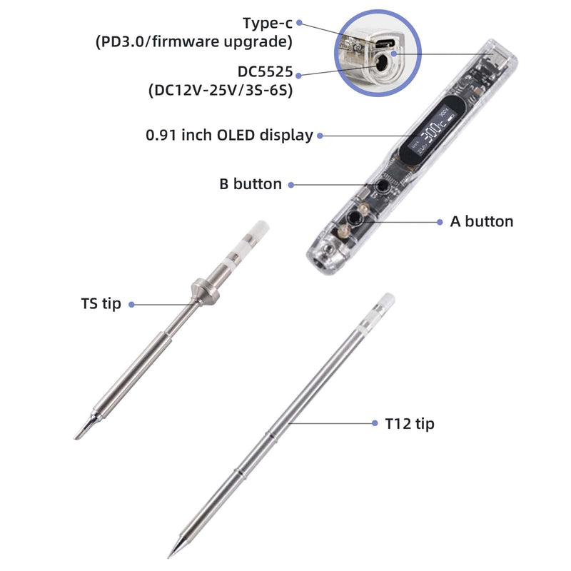68W Electric Soldering Iron, SEQURE SI012 Pro Portable Solder Iron, OLED Screen Digital Soldering Tools, Auto Start Heating, 19V Power Adapter, PD/QC Charging, 2 Soldering Tips-T12 B2 & TS BC2 SI012 Pro -T12 B2+TS BC2
