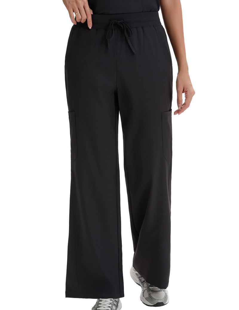 VECARDI Scrub Pants for Women High Rise Four Way Stretch Flare Yoga Cargo Pants with 6 Pockets Large Black