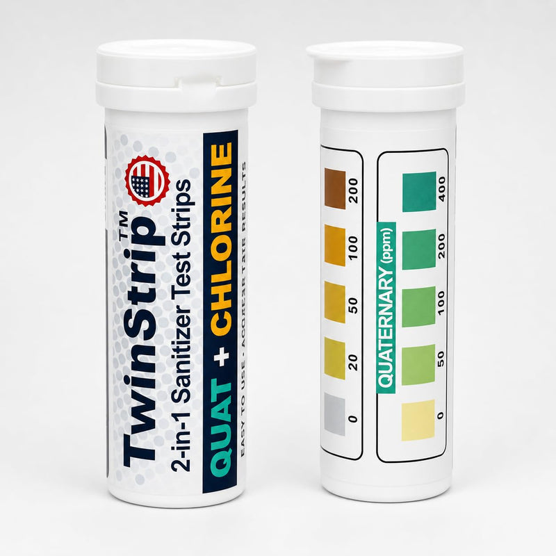 2-in-1 Quat & Chlorine Sanitizer Test Strips, 200 Count | 0-400 ppm quats, 0-200 ppm chlorine, Food service sanitizer testing, 3-compartment sinks, Restaurant Supplies