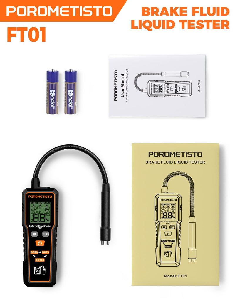 Brake Fluid Tester POROMETISTO FT01, Brake Fluid Moisture Tester with 8.5-Inch Corrosion Resistance Probe, Brake Fluid Detector with Flashlight, Data Hold, Backlight Alarm for DOT3, DOT4, DOT5.1-Black