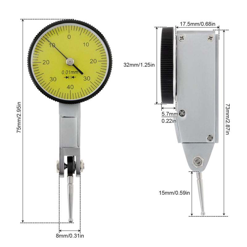 Dial Test Indicator Gauge 0-0.8mm, 0.01mm Accuracy, Lever Dial Test Indicator Gauge 0-40-0 Scale Yellow Dial Face with Installation Accessories 6mm/ 8mm Sleeves