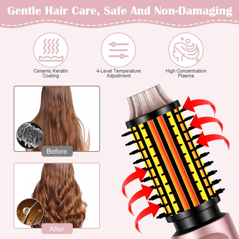 Thermal Brush,Blowout Boost Ionic Round Heated Hot Brush,2-in-1 Styling Tool,38mm Barrel,4 Temperature Settings,Create Natural Curls,Bouncy Hair,Easy to Use,Lightweight Dual,Pink