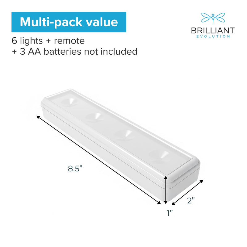 Brilliant Evolution Wireless LED Under Counter Lights with 2 Remote Controls - 6-Pack Battery Operated Under Cabinet Lighting Fixtures - Stick On Push Lights with Timer - Warm White, 8.5x2x1-Inch Remote Control 6 pack