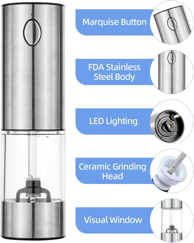 Electric Salt and Pepper Grinder Set, Pepper Mill With Adjustable Coarseness, 95ml Large Silo,Rechargeable Salt Pepper Shakers Steel Body with Ceramic Grinding Head, Brush, Visuable Window Led Light 2