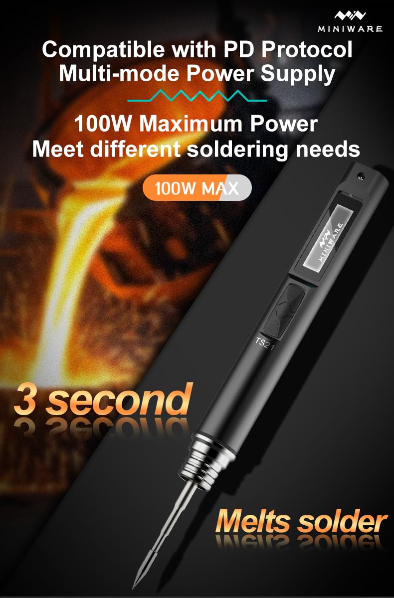 Soldering Iron Kit TS21,Front Lighting,3 Seconds Melts Solder,Fast Heating,DC9-24V Max 100W Soldering-Iron Gun with Adjustable Temp 100-450℃,Compatible with 210 type Iron Tips