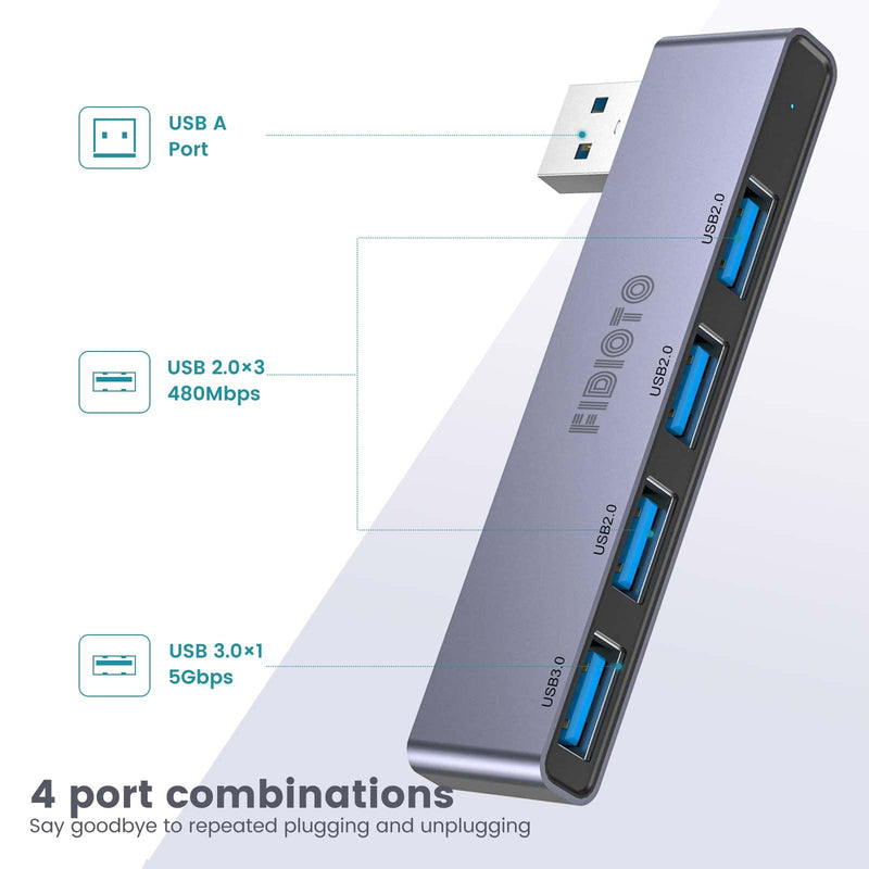 USB Hub 2Pack Right Model, Fidioto 4-Port USB Hub(1 * 3.0 Port, 3 * 2.0 Port) USB Splitter USB Expander for Laptop, Xbox, Flash Drive, HDD, Console, Printer, Camera,Keyborad, Mouse 4in1- 2pcs Right-Grey