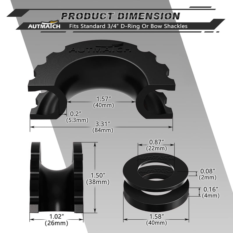 AUTMATCH D Ring Shackle Isolators Washers Kit - 2 Rubber Shackle Isolators with 8 Washers, Fits 3/4 Shackles Protect and Prevents Rattling - Shackle Cover Black 3/4 Shackle Isolator & Washer
