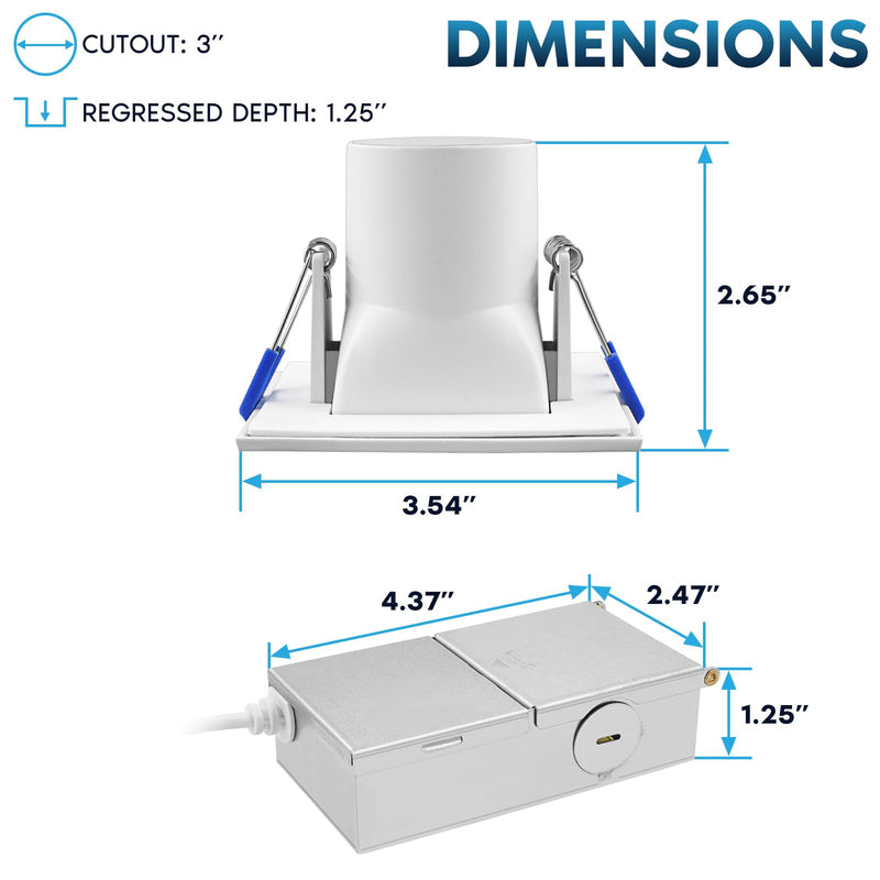 LUXRITE 3 Inch Square LED Recessed Ceiling Light with J-Box, CRI90, 8W, 5CCT Selectable 2700K - 5000K, 740 Lumens, Dimmable Canless Downlight, Wet Rated, IC Rated, ETL Listed (1 Count (Pack of 1)) 1 Count (Pack of 1)