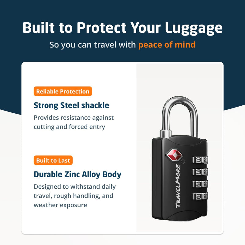 Luggage Locks TSA Approved, 4-Digit Travel Combination Locks | TSA Accepted, Easy to Use, Compact, Lightweight, Durable, Zinc Alloy Body, for Suitcases, Backpacks, Zippers, 5-Pack, Black 5 Pack