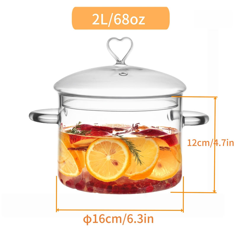 2 L Glass Cooking Pot with Lid, Simmer Pot for Stove Potpourri, Save Energy, Heat Resistant, for Water-based Recipes. Heart Shape Lid, Clear,2000ml(68oz) 2.1 Quarts