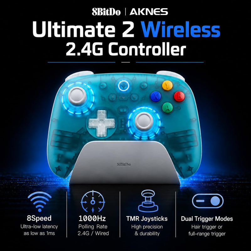 8Bitdo Ultimate 2 Wireless Controller for Windows&Android, Clear Blue | TMR Joysticks,1000Hz Rate,Switchable Hall/TactileTriggers,Motion Control,Programmable Back Paddle Buttons&L4/R4 Bumpers