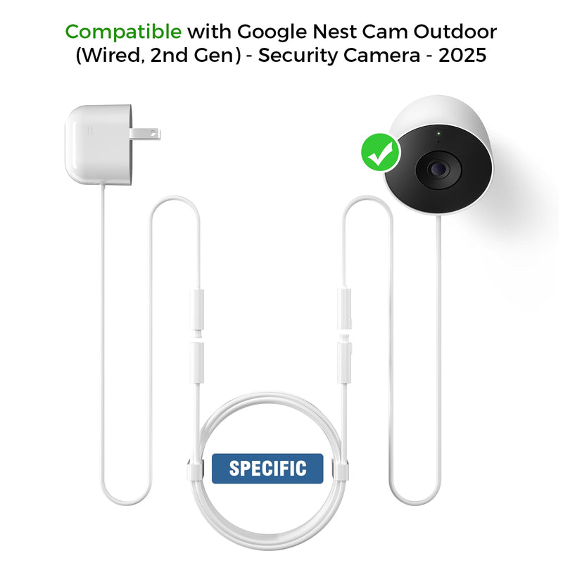 1Pack Power Cable for Google Nest Cam Outdoor (Wired, 2nd Gen),18FT/5.5M | Weatherproof Charging Cable(without adapter), Works with Google Home - 2025 Model - Snow|5V 2A Outdoor Charger Cable