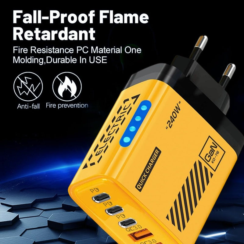 1Pcs Mini 240W Charger with 5 Ports Fast Charging Power Adapter (US,Yellow) | with Lamp Double USB Type-C+3PD 3.0 Smart Fast Charging Plug for IPhone Samsung Universal,Non-Battery US,Yellow