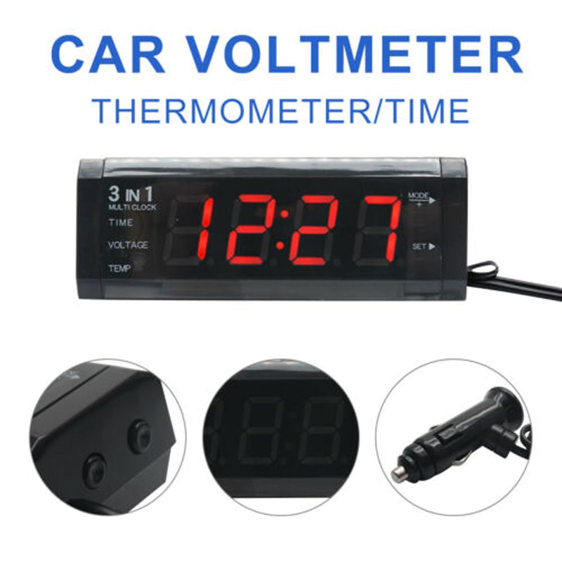 Car Temperature Clock, Car Clock 12V 3 in 1 Thermometers, Voltmeter Gauge Electronic Clock LED Digital Display LCD Screen, Red Light