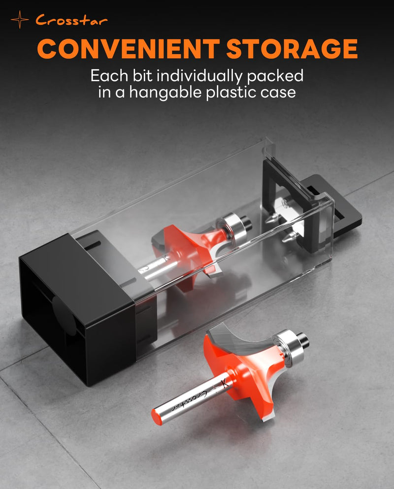 Crosstar 7Pcs Top Bearing Roundover Router Bit ,1/4 Shank,Carbide Inserts , 2 Flutes Corner Rounding Router Bit, Over Edge Forming Router bit , with Bearing Guide CNC Woodworking Tool