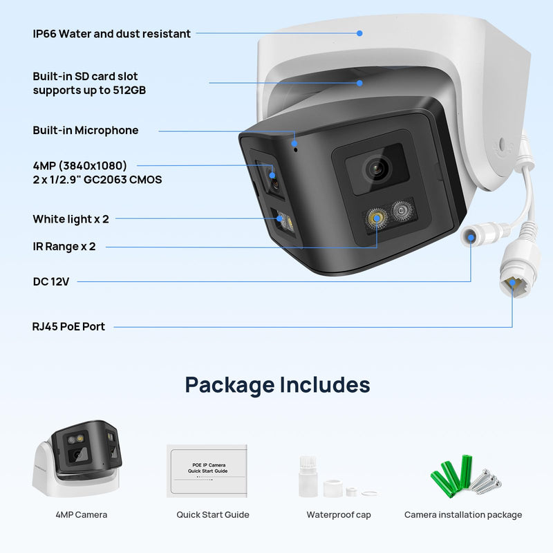 PANOEAGLE 4MP Dual Lens PoE IP Camera Outdoor with 170° Panoramic Wide Angle,Full Color& IR Night Vision,Human/Vehicle Detection,Two-Way Talk, Micro SD Card Slot, IP67, WDR White-4mp Dual Lens