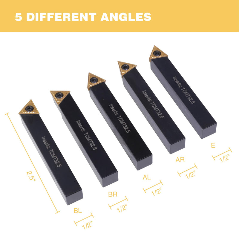 1/2" Indexable Turning Tool Set with TCMT Carbide Inserts, 5 Pcs Set Metal Lathe Tools Inserts Bits with Carbide Inserts. 1/2 in