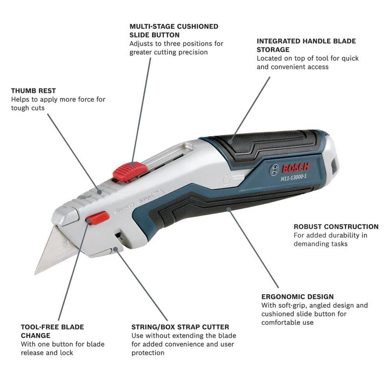 BOSCH H11-14200-1 3-Piece Utility Knife Set | Folding, Snap-Off, and Retractable Knives with Robust Design, Integrated Blade Storage - Includes 7 Blades Folding + Snap-Off + Utility 3 Count