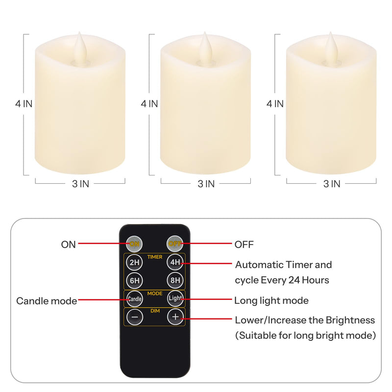 3x4 Flickering Flameless Candles Set of 3,Real Wax Pillar LED Candles,with Timer,4 inch Flameless Candles with Remote,for Party Wedding Holiday Home Decor,Ivory Ivory 3"*4"-3pcs