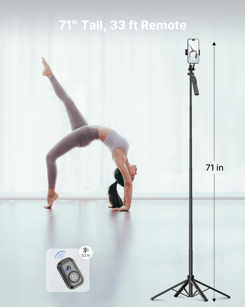 4-Leg Phone Tripod, 71-inch Selfie Stick for iPhone & Android | Anti-Slip Quadrapod Base, Snap-Release Phone Holder, Aluminum Alloy Pole for Durability, Secondary Handle Grip for Stability