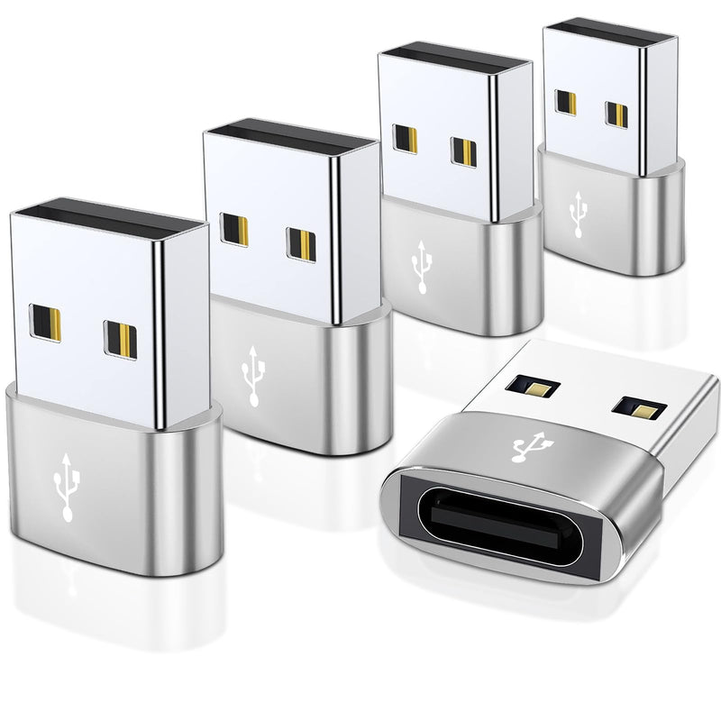 USB C Female to USB Male Adapter 5-Pack Type C to USB A Converter for Charging/Data Compatible with iPhone 15 Plus/Pro Max,iPad Pro/Air 4/Mini 6,Samsung Galaxy S24/S23/S22/S21,More (Silver) Silver