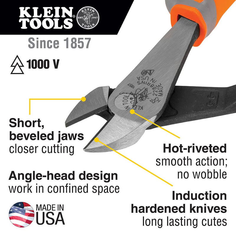 Klein Tools 2288RINS 1000V Insulated Diagonal Cutter Pliers, Made in USA, High Leverage Design, Induction Hardened Knives, 8-Inch 1-Piece 4-Piece Kit