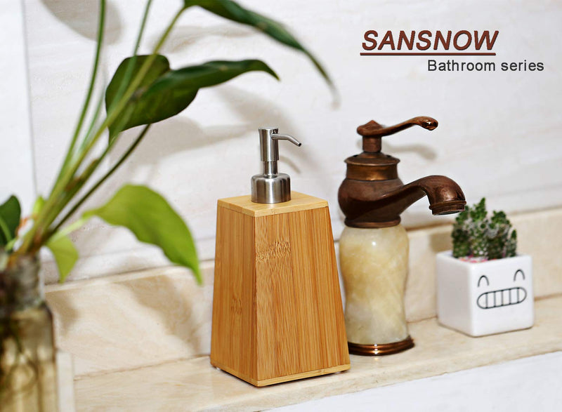 8 oz Bamboo Soap Dispenser with Stainless Steel Spray Head for Bathroom Accessories and Various Liquids, Trapezoid Trapezoid(H7 7/8"*3 3/8"*3 3/8")