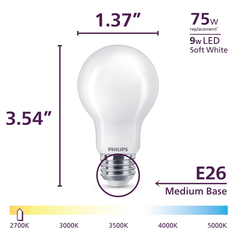 Philips LED 75W A19 8-Pack Ultra Definition Soft White (2700K) 1100 Lumen (9W = 75W) Dimmable Frosted Flicker-Free Light Bulbs Soft White (2700k) 4 Pack