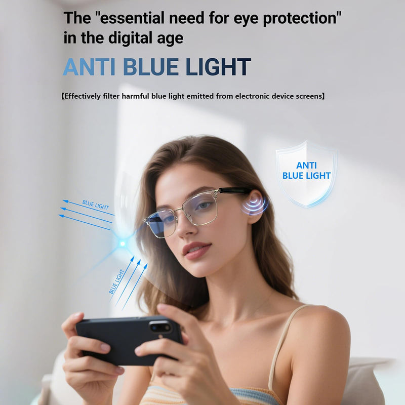Bluetooth Blue Light Glasses for Women Men, AI Voice Assistant, Open Ear Speakers, Clear Bluelight Filtering Smart Glasses (Gold)