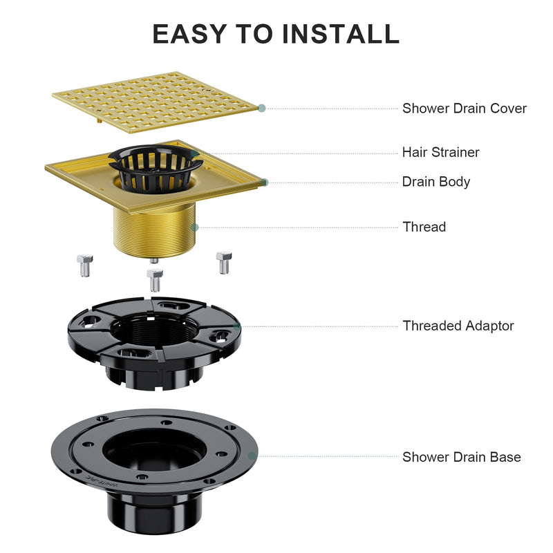 Shower Drain Hair Catcher- 4-1/4 Inch Square Shower Floor Drain Kit with ABS Flange for 2" or 3" Pipe, Drain with Hair Strainer,Removable Strainer Cover,SUS304 Stainless Steel, Brushed Gold