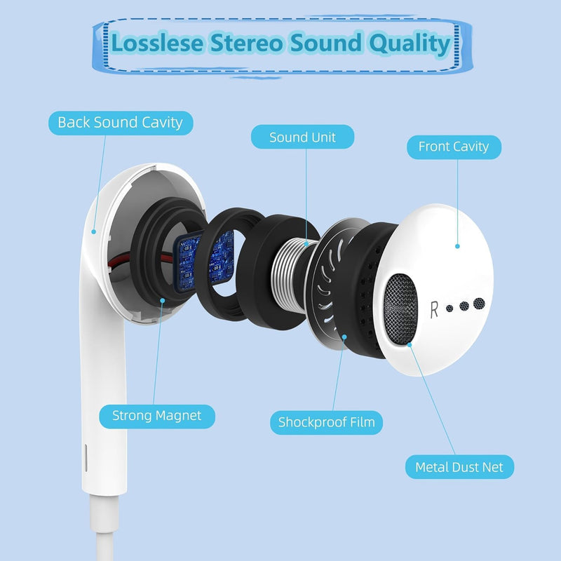 Wired Headphones for iPhone Earbuds with Lightning Connector,2 Packs Built-in Mic & Volume Control HiFi Stereo Nosie Reduction Earphones Compatible with iPhone 14/13/12/11/XR/XS/X/8/7 Support All iOS White