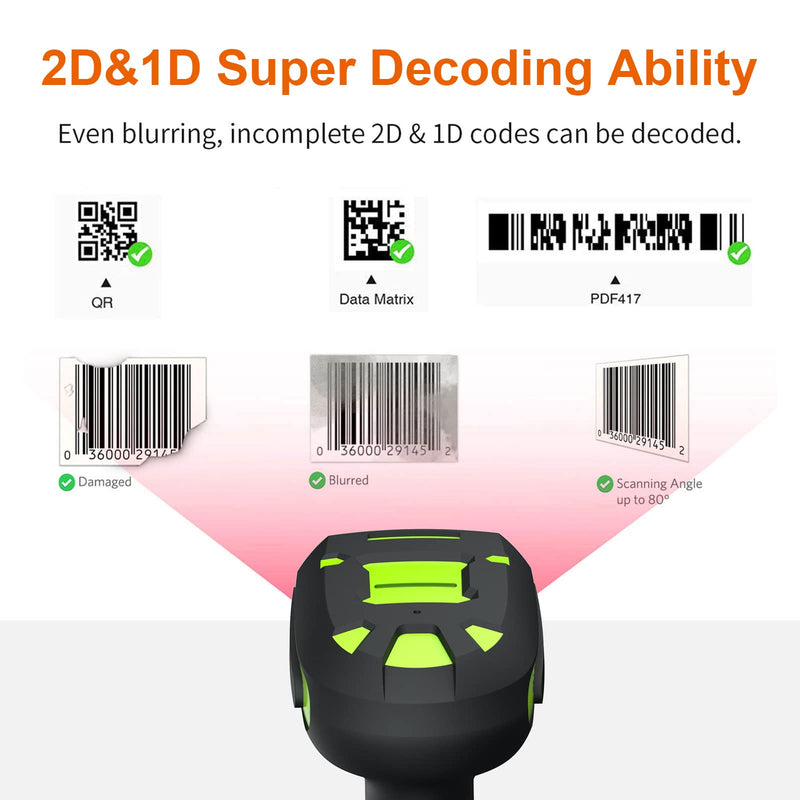 Alacrity 2D Industrial Wireless Barcode Scanner with Charging Stand, Bluetooth Drop Resistant, 1968 Feet Transmission Distance 433Mhz QR 1D Bar Code Reader Green
