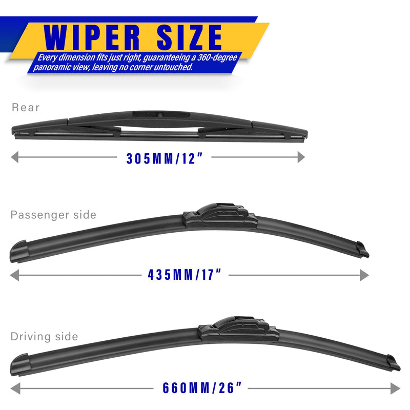 3 wipers Replacement for 2017-2021 2022 Honda CRV CR-V, Windshield Wiper Blades Original Equipment Replacement - 26"/17"/12" (Set of 3) U/J HOOK 26"/17"/12"