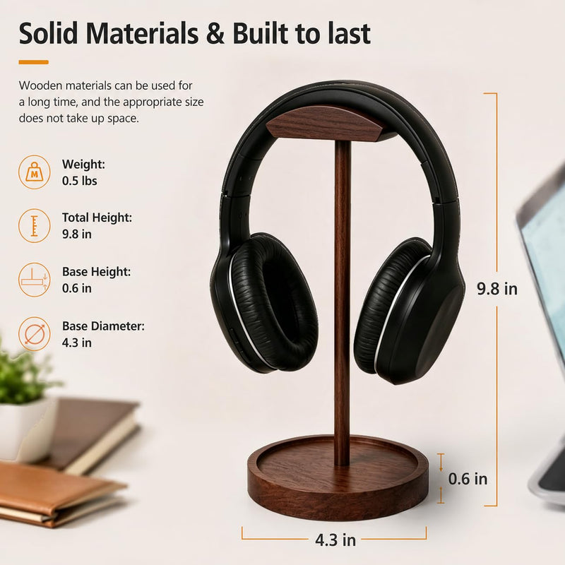 Headphone Stand Nature Wood Headset Hanger Mount Hook Gaming Holder Desktop Earphone Artful Functional Stand for All Headsets with Solid Wooden Base Walnut Storage Base