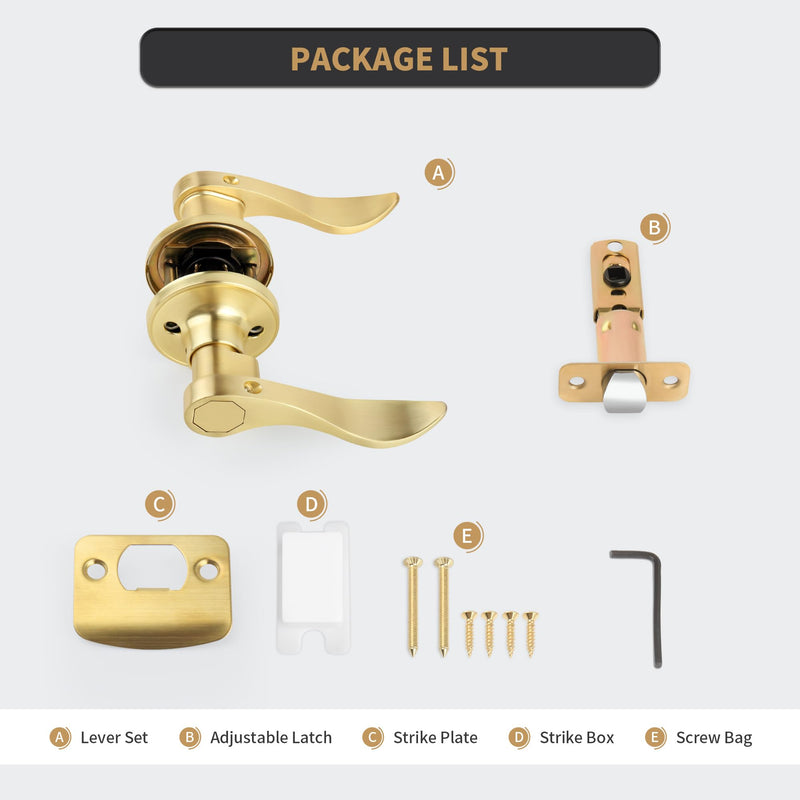 Brushed Gold Wave Style Passage Door Handle Without Keys, Non-Locking Door Lever for Hallway/Closet in Satin Brass Finish, No Lock Reversible Lever for Left/Right Doors 1 Pack Passage {Without Lock&Keys}
