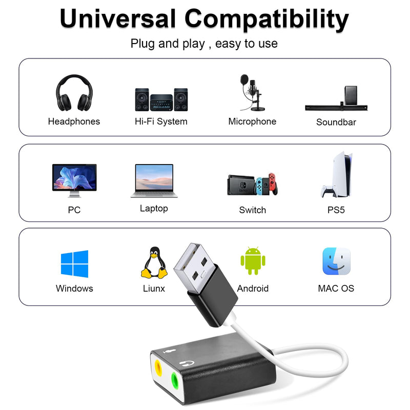 USB Audio Adapter, External Sound Card for PC and Laptop，USB Microphone Adapter to 3.5mm(1/8 inch) for Headphone, Speaker and Microphone Jack, Plug and Play