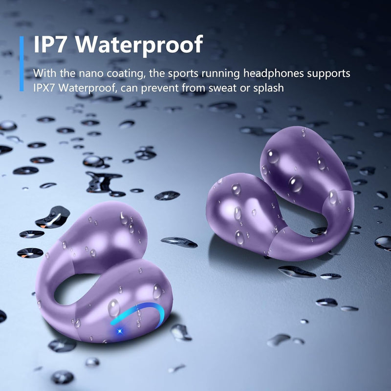 Comfort Clip On Earbuds, Bluetooth 6.1 Open Ear Bone Conduction Headphones, with Digital Display Charging Case Sport Earphones Built-in Mic Waterproof for Running Fitness Exercise, Violet