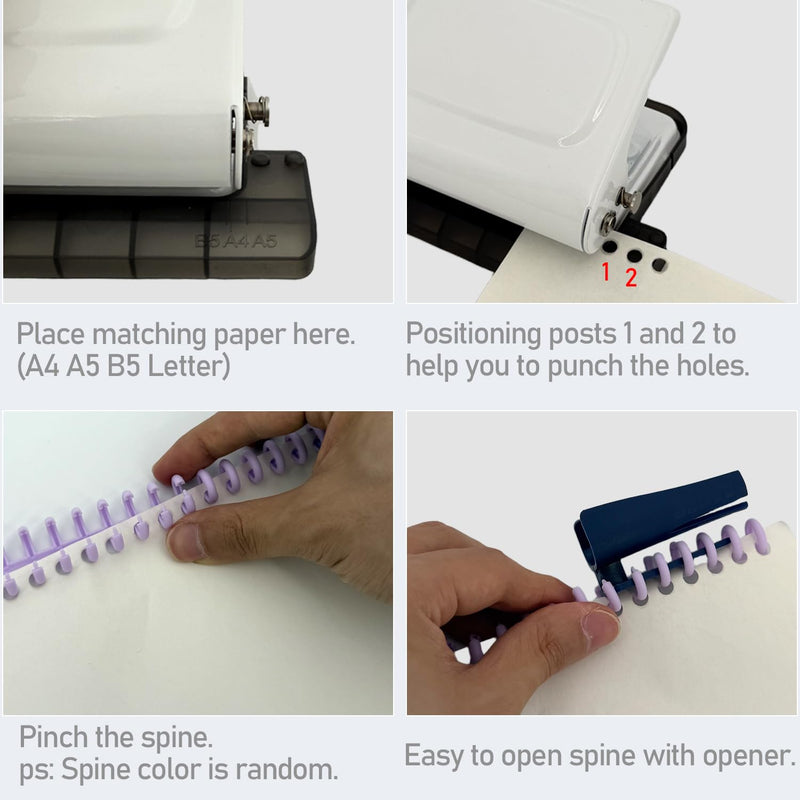 10-Hole Binding Machine for Planner (Black) - Manual Punch with 10 Multi-Color Binding Spines - Punches 26 Holes on B5, 30 Holes on A4, 20 Holes on A5 Paper Black