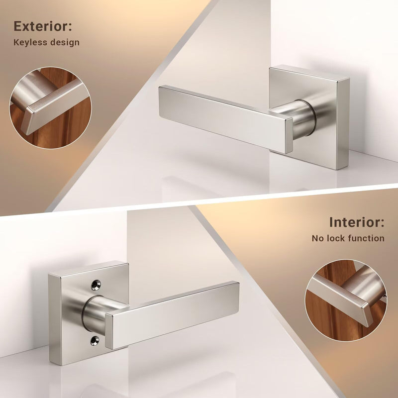 Knobonly 1 Pack Square Passage Door Levers Interior, Satin Nickel Door Handles, Hallway Closet Door Handlesets Indoor, Keyless Door Knobs Reversible for Right & Left