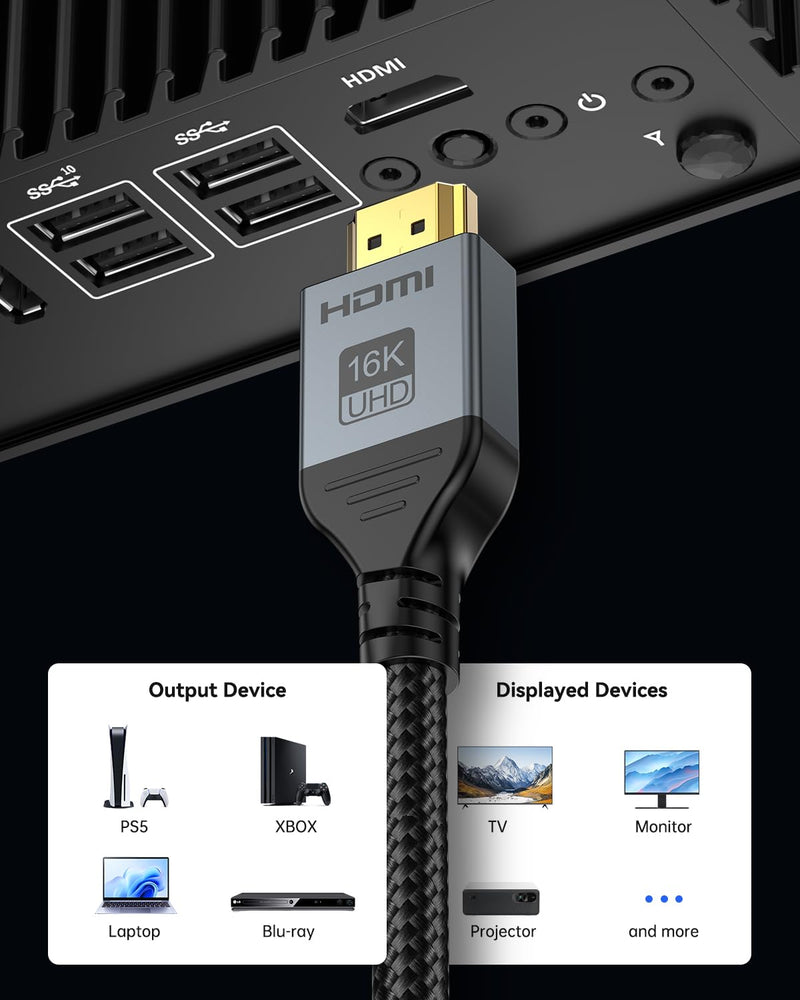 16K 8K HDMI Cable 96Gbps 6.6 FT, Ultra High Speed HDMI 2.2 Cable 16K@60Hz 8K@120Hz 4K@480Hz HDCP 2.2&2.3, Dynamic HDR, eARC,DTS:X, Compatible with Roku TV/HDTV/PS5/Blu-ray/Projector 6.6 feet