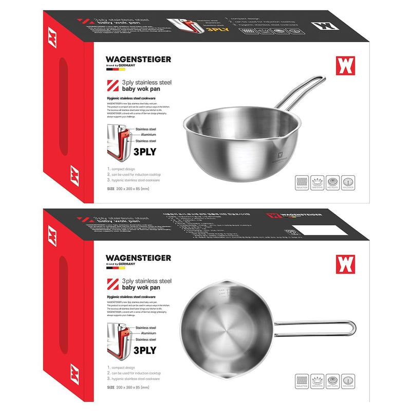 WAGENSTEIGER Mini Wok 200mm Stainless Steel, 3-Ply Aluminum Core Base, Induction Compatible Small Wok Pan, Ramen Pot for Camping & Outdoor Cooking