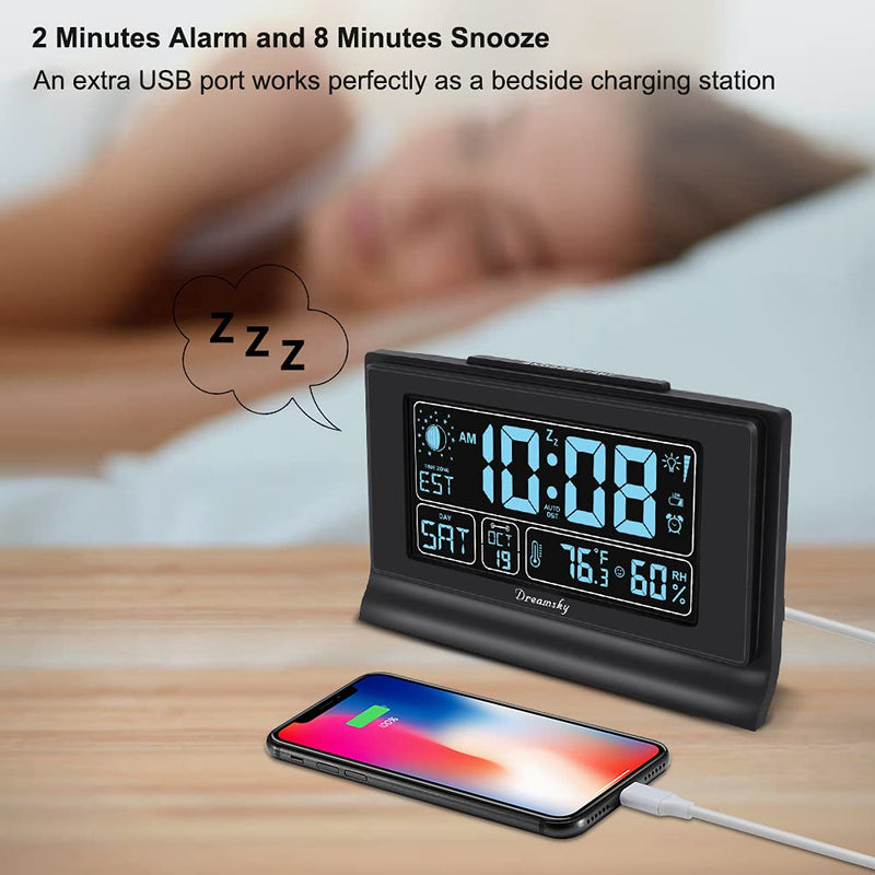 DreamSky Alarm Clocks for Bedrooms with Battery Backup, Auto Set Digital Clock with Date and Day of Week, Indoor Temperature Humidity, Moon Phase, Dimmer, Auto DST, USB Port Black-humidity & Moon Phase