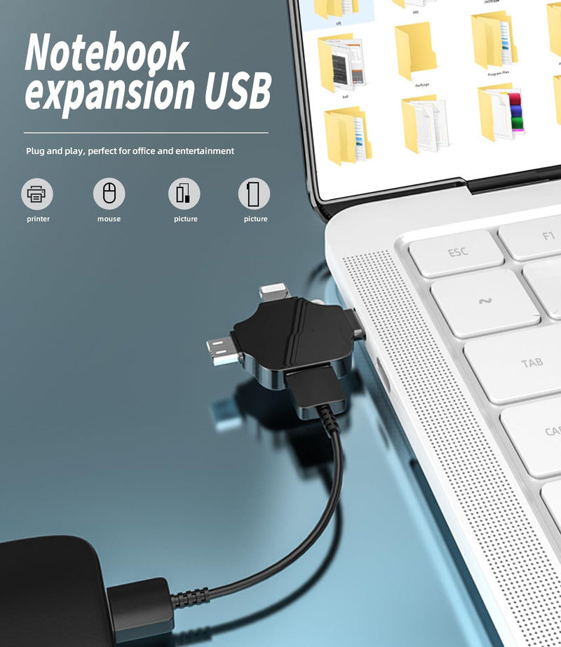 Lightning to USB C Micro USB USB-A Adapter(3in1) OTG 3.0 Cable for iPhone 16 15 14 for iPad Camera Data Transfer USB Flash Drive Keyboard Android Phone Compatible with Samsung