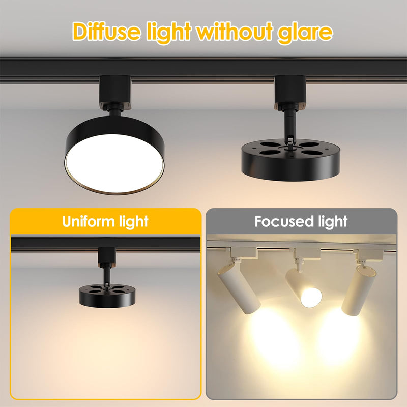 Diffuse LED Track Lighting Heads H Type Track Light Heads Dimmable Kitchen Track Lighting Fixtures Ceiling, Compatible with H Track Rails - Flicker Free CRI90+ 3000K 12W 1000lm, 3 Pack Black