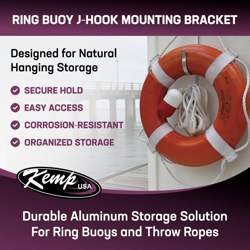 Kemp USA Aluminum Ring Buoy J-Hook Mounting Bracket Wall Hanger for Lifesaving Ring Buoys & Throw Ropes Corrosion-Resistant Marine Dock Pool Safety Storage