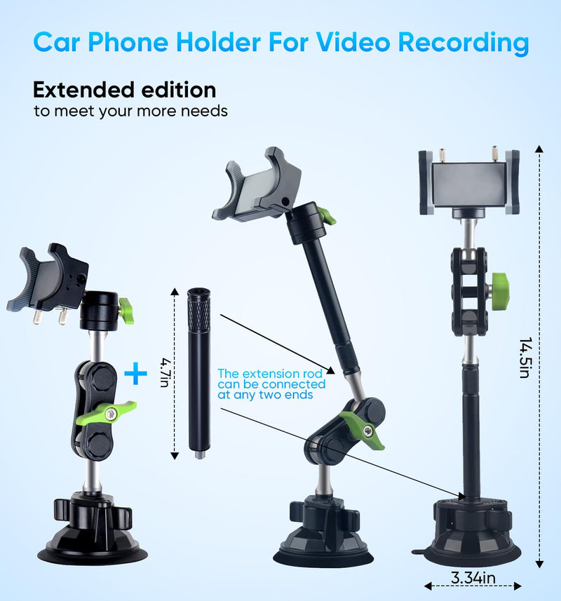 MAGIC JOHN Car Phone Holder, Ultra-Durable Mteal Phone Holders for Your Car, 360° Rotation Cell Phone Car Mount for Windshield, Suction Cup Car Phone Mount for iPhone Samsung All Smartphone Extended